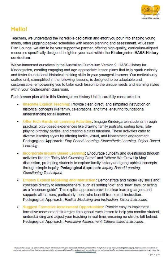 HASS - History: 10 lesson plans + 1 summative assessment and FREE Student WORKSHEETS (Kindergarten/ Foundation Year)