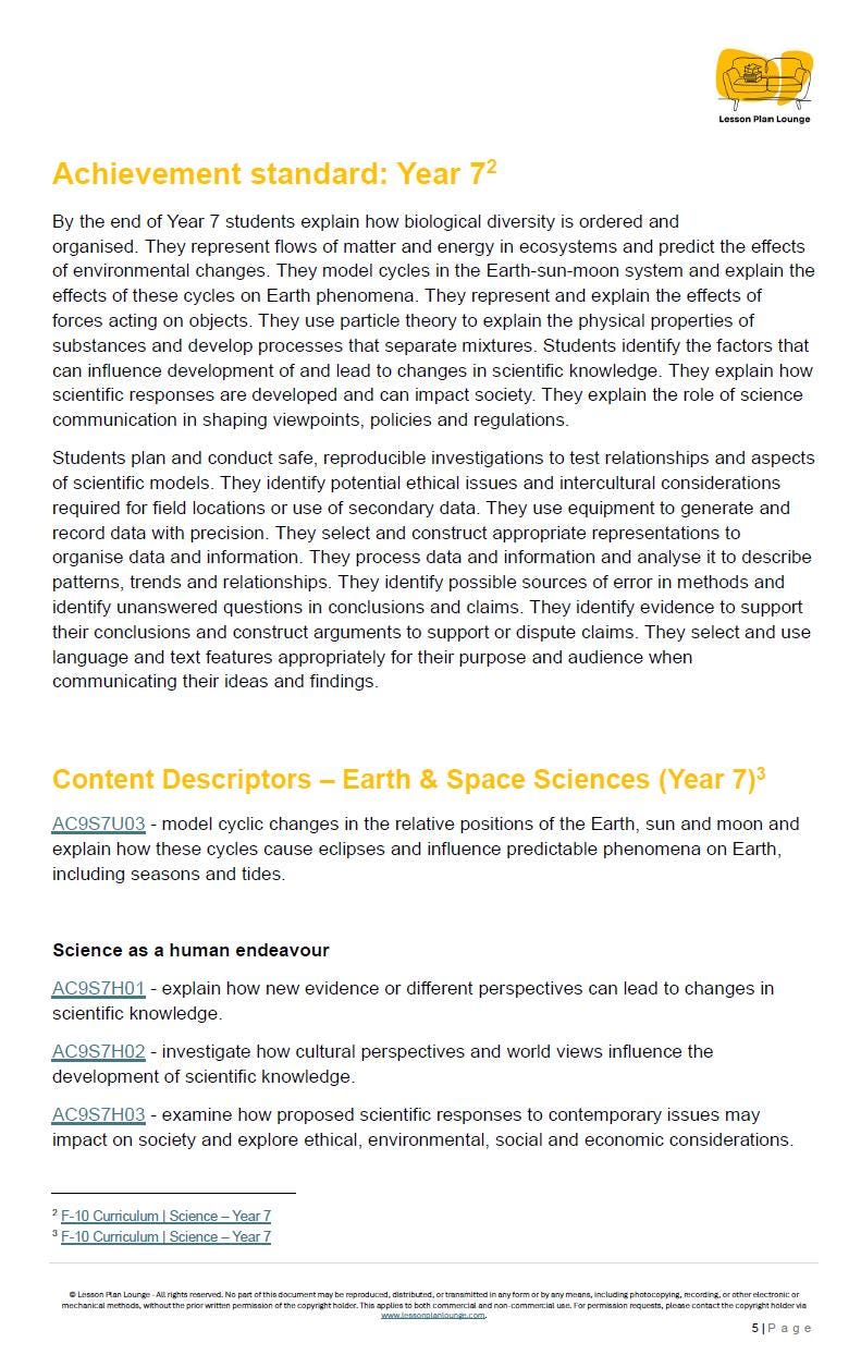 Science - Earth and Space Sciences: 10 Lesson Plans + 1 Summative Assessment Task + FREE Student WORKBOOK (Year 7)