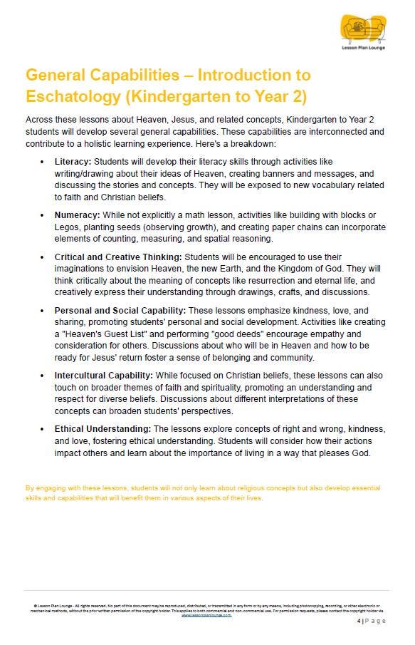 Studies of Religion - Introduction to Eschatology: 10 Lesson Plans + 1 Summative Assessment Task (Kindergarten to Year 2)