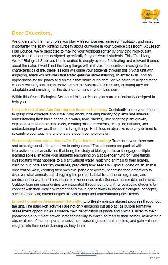 Science - Biological Sciences: 10 Lesson Plans + 1 Summative Assessment and FREE Student WORKSHEETS (Year 1)