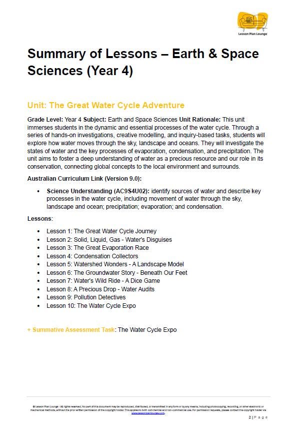 Science - Earth & Space Sciences: 10 Lesson Plans + 1 Summative Assessment and FREE Student WORKBOOK (Year 4)