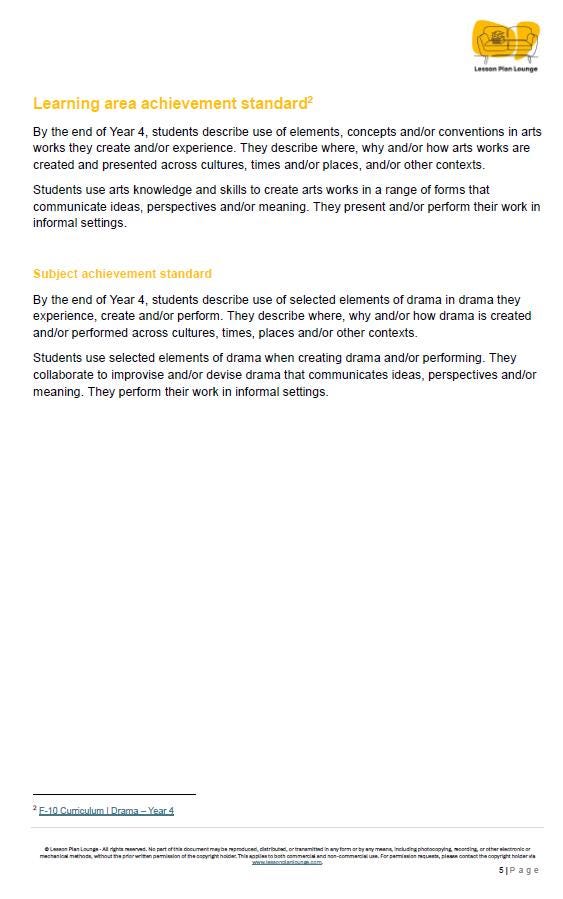 Drama - The Arts: 10 Lesson Plans + 1 Summative Assessment Task (Year 4)