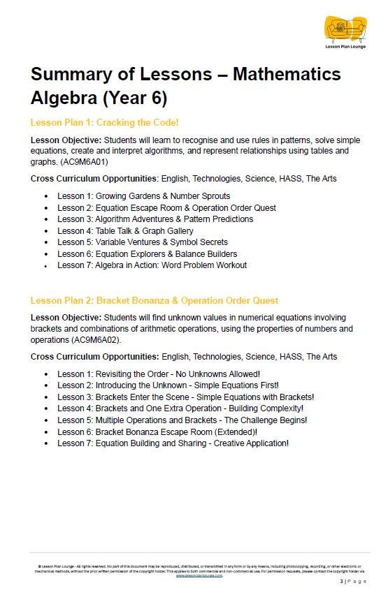 Mathematics - ALGEBRA: Lesson Plans covering 21 Lessons, Summative Assessment Task and FREE Student Workbook (Year 6)