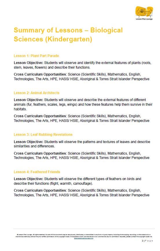 Biological Science: 10 Lesson Plans + Summative Assessment and FREE Student WORKSHEETS (Kindergarten/ Foundation Year)