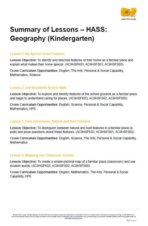 HASS - Geography: 10 lesson plans + 1 summative assessment and FREE Student WORKSHEETS (Kindergarten/ Foundation Year)