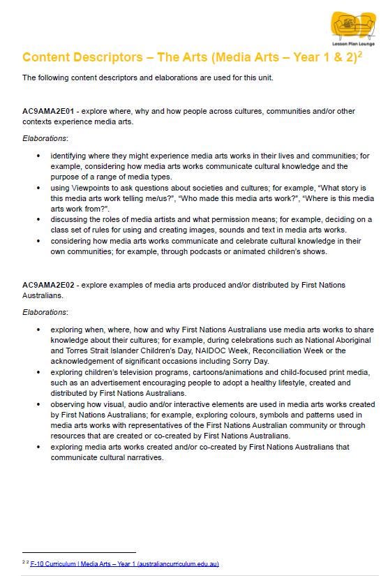 The Arts - MEDIA ARTS: 12 Lesson Plans + 1 Summative Assessment (Year 1)