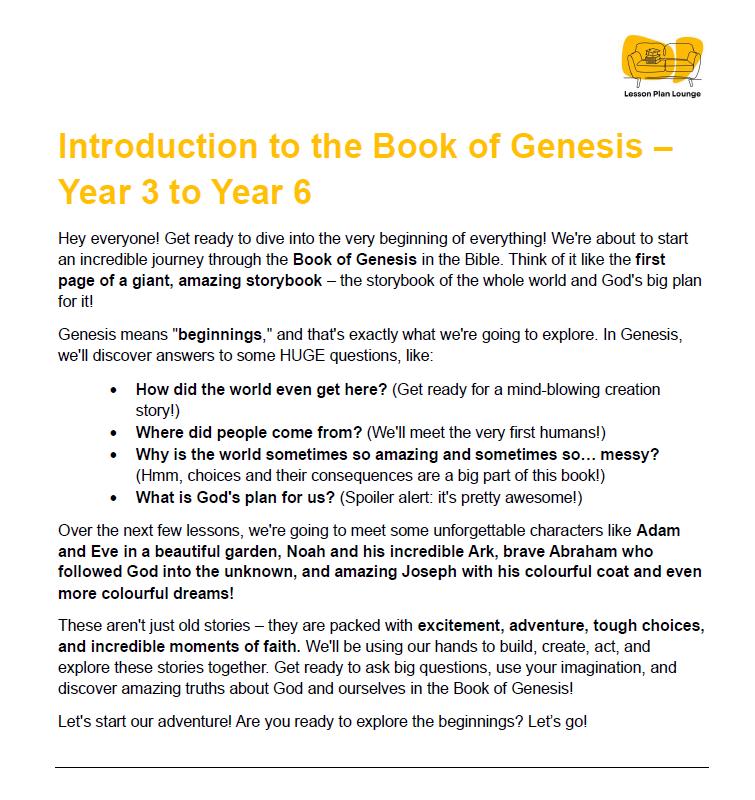 Studies of Religion - Introduction to Genesis: 10 Lesson Plans + 1 Summative Assessment Task (Year 3 to Year 6)