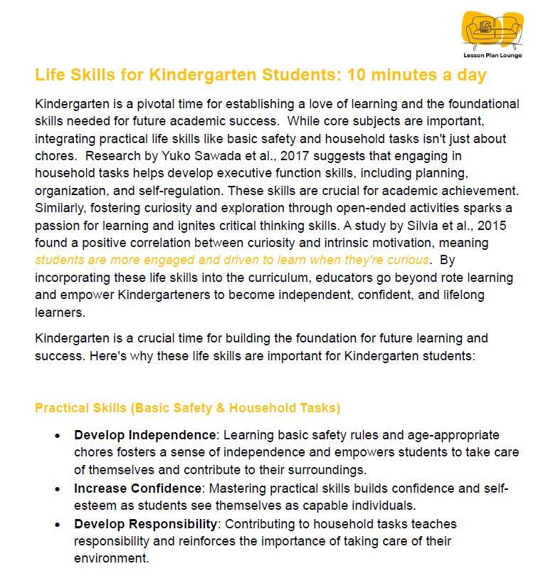 170 Life Skills Activities for Kindergarten Students - 10 Minutes each