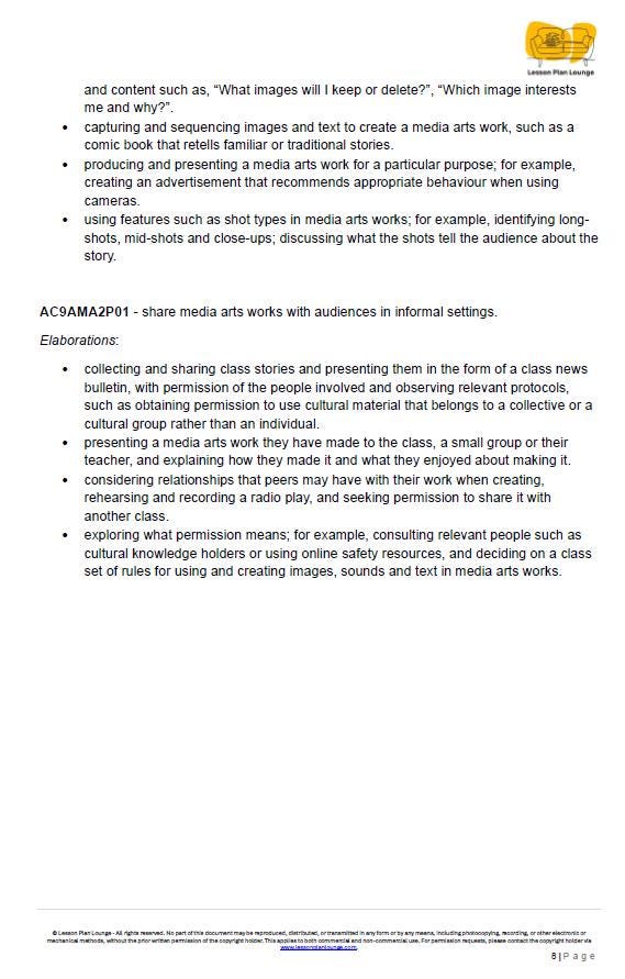 The Arts - MEDIA ARTS: 12 Lesson Plans + 1 Summative Assessment (Year 2)
