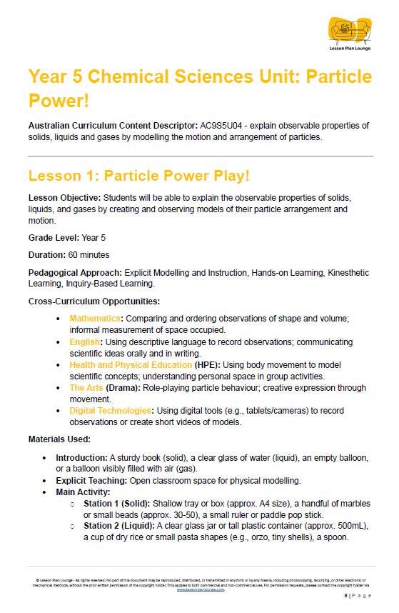 Science - Chemical Sciences: Lesson Plans (10 lessons) + 1 Summative Assessment + FREE Student Workbook (Year 5)