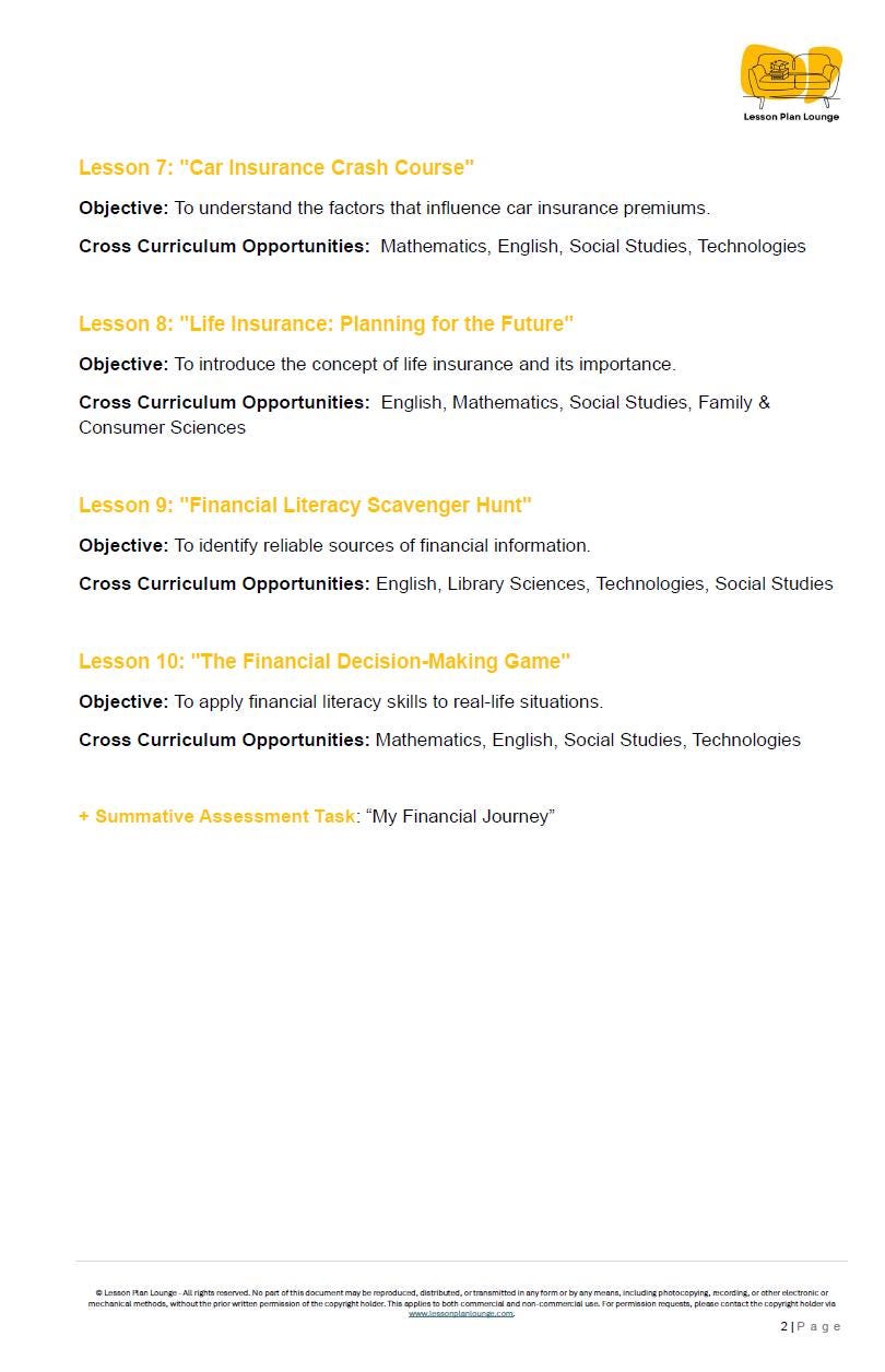 Budgeting & Insurances: 10 Lesson Plans + 1 Summative Assessment Task + Worksheet Suggestions (High School)