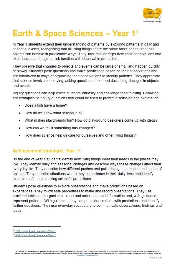 EARTH AND SPACE Sciences Adjusted Curriculum: 12 Lesson Plans + 1 Summative Assessment Task (Year 1)