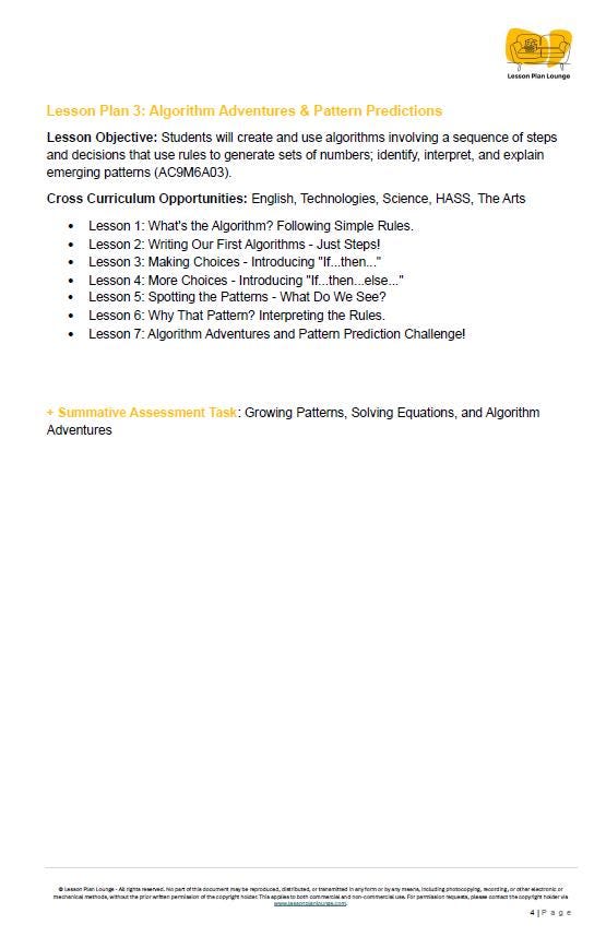 Mathematics - ALGEBRA: Lesson Plans covering 21 Lessons, Summative Assessment Task and FREE Student Workbook (Year 6)