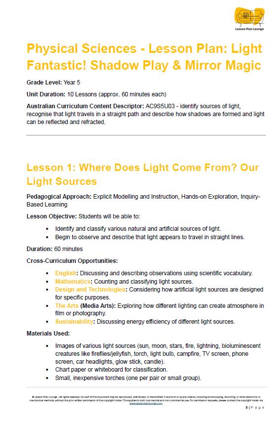 Science - Physical Sciences: Lesson Plans (10 lessons) + 1 Summative Assessment + FREE Student Workbook (Year 5)