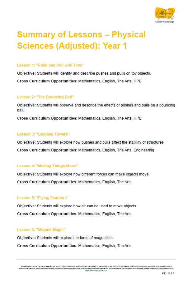 PHYSICAL Sciences Adjusted Curriculum: 12 Lesson Plans + 1 Summative Assessment (Year 1)