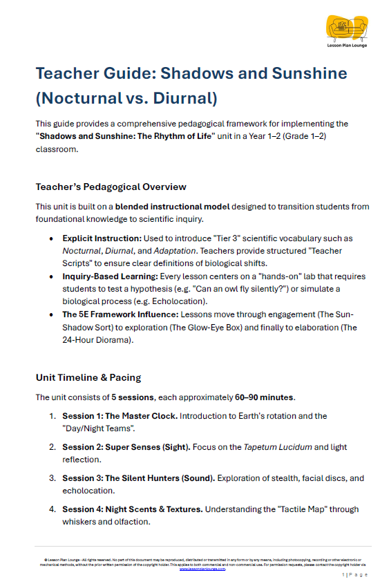 Biological Sciences - Nocturnal vs Diurnal Animals of the Day and Night - Year/ Grade 1-2