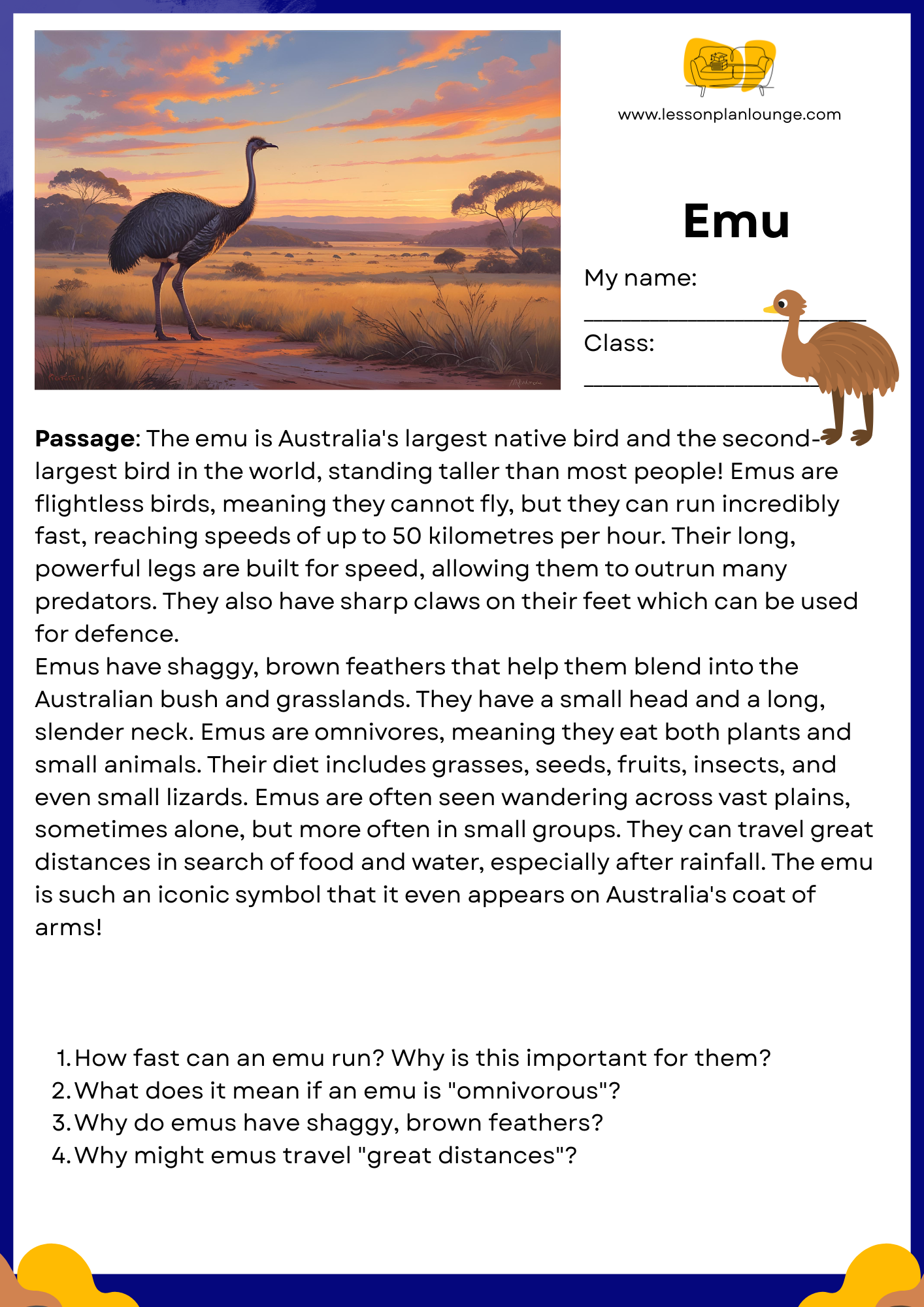 FREE Download - English - Reading - Passages - Emu