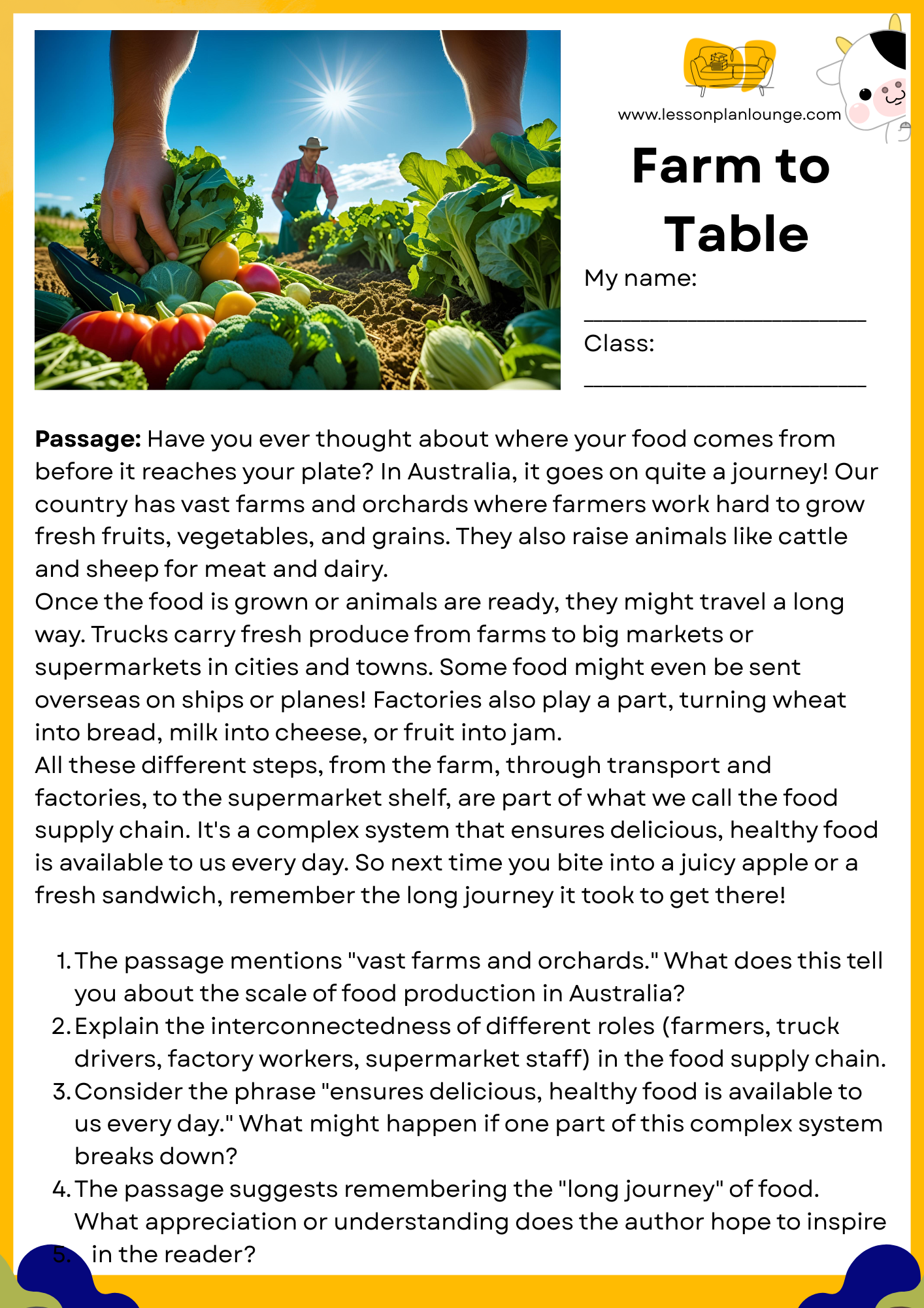 FREE Download - English - Reading - Passages – Farm to Table
