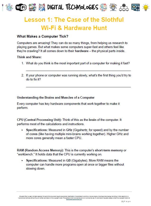 Educational worksheet on computer hardware and Wi-Fi, titled 'The Case of the Slothful Wi-Fi & Hardware Hunt'.