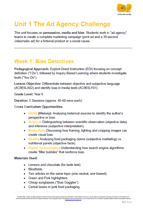 Educational document about a unit on the Ad Agency Challenge with details on bias detection and media literacy.