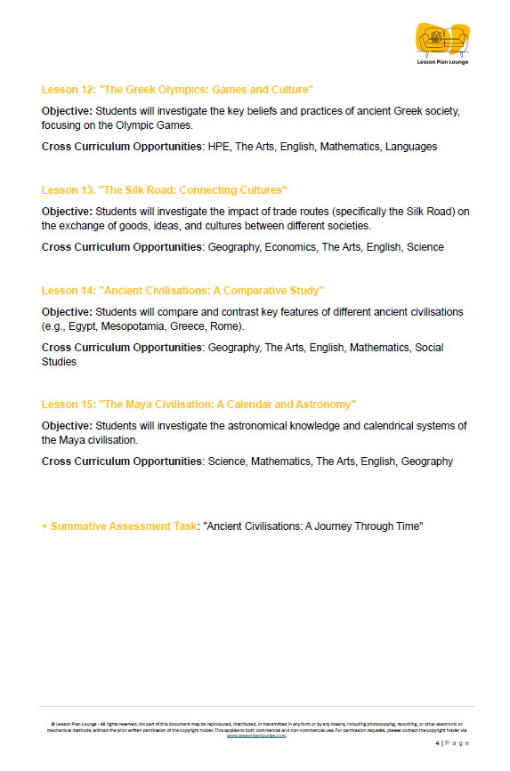 Educational document detailing lesson plans on ancient civilizations with a focus on Greek, Roman, and Maya cultures.