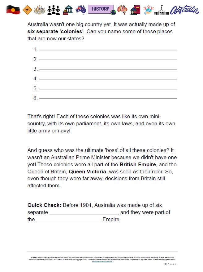 Educational worksheet about Australia's history as a collection of six colonies.