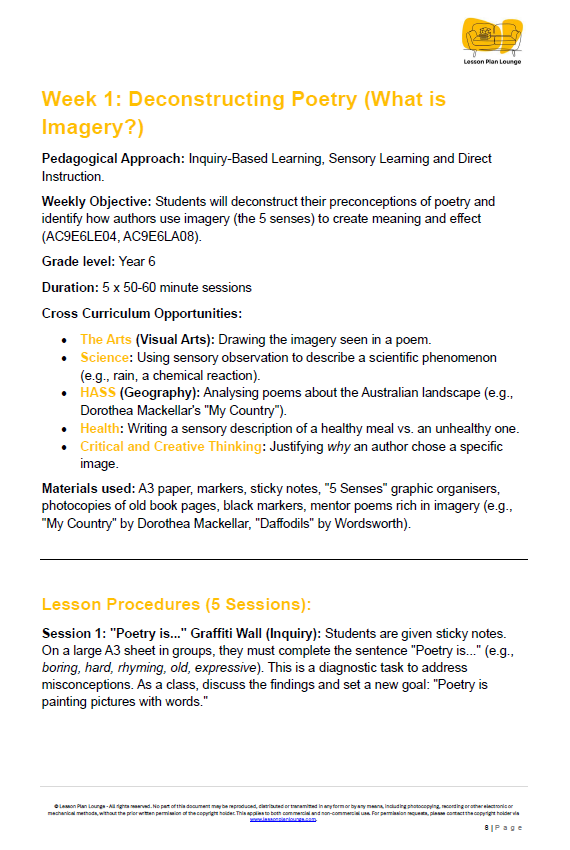 Educational week overview on deconstructing poetry with objectives, activities, and materials listed.