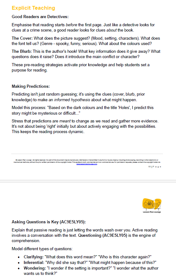 Educational document on teaching reading strategies with text and a logo at the bottom.