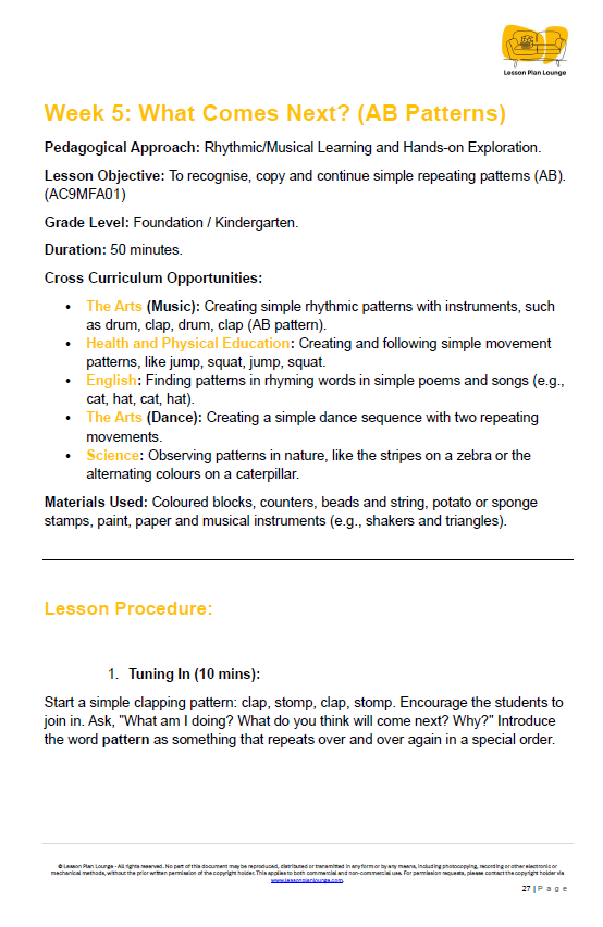 Lesson Plan Lounge - Lesson Plans Mathematics – Number, Algebra, Measurement, Space, Statistics - Foundation Year/ Prep Year/ Kindergarten
