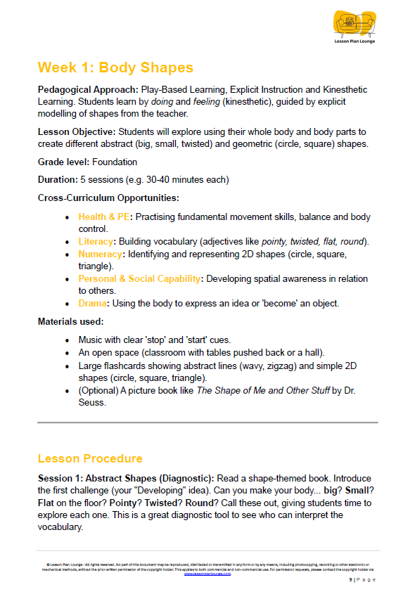 Lesson Plan Lounge - Lesson Plans The Arts Curriculum – Music, Drama, Visual Arts, Dance and Media Arts – Foundation Year/ Kindergarten/ Prep Year