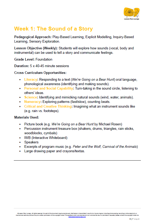 Lesson Plan Lounge - Lesson Plans The Arts Curriculum – Music, Drama, Visual Arts, Dance and Media Arts – Foundation Year/ Kindergarten/ Prep Year