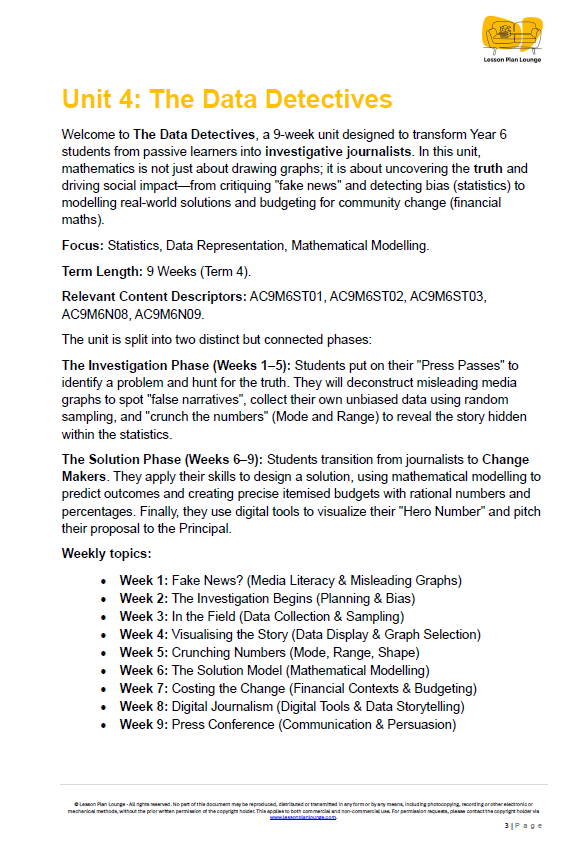 Unit 4: The Data Detectives educational document with text on statistics, data representation, and mathematical modeling.