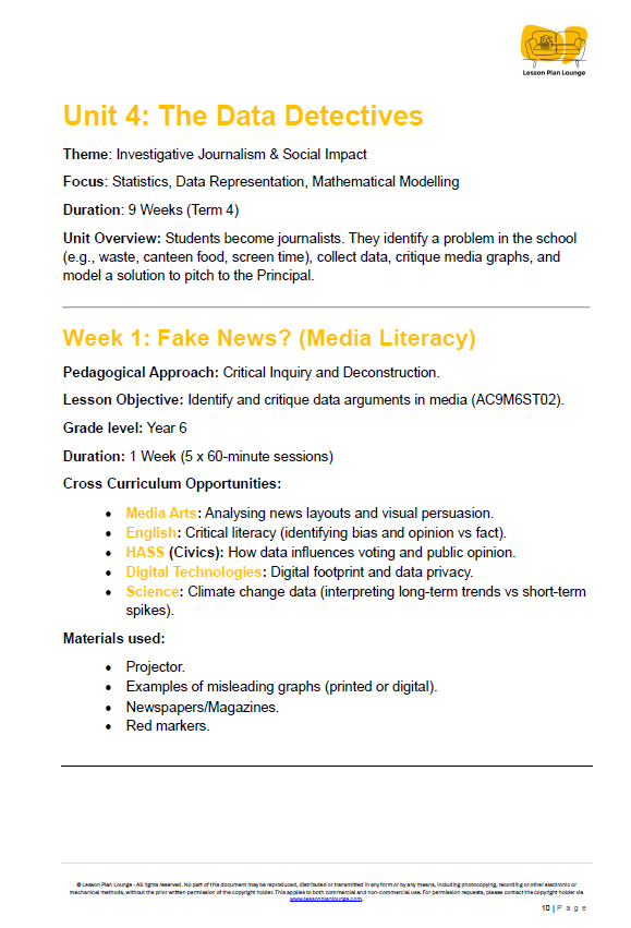 Lesson unit plan for 'The Data Detectives' focusing on investigative journalism and media literacy.