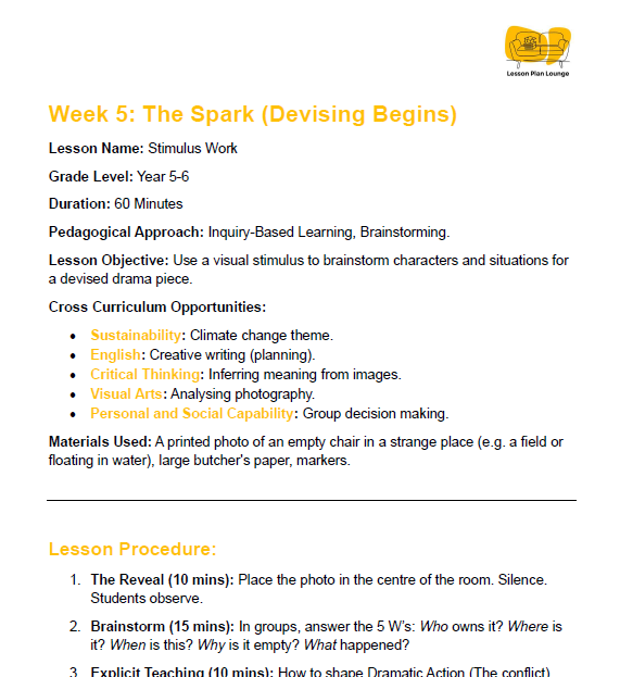 Educational lesson plan for Week 5 titled 'The Spark (Devising Begins)' with details on grade level, duration, and objectives.