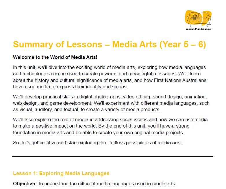 Summary of lessons for Media Arts Year 5-6 with a yellow logo on a white background