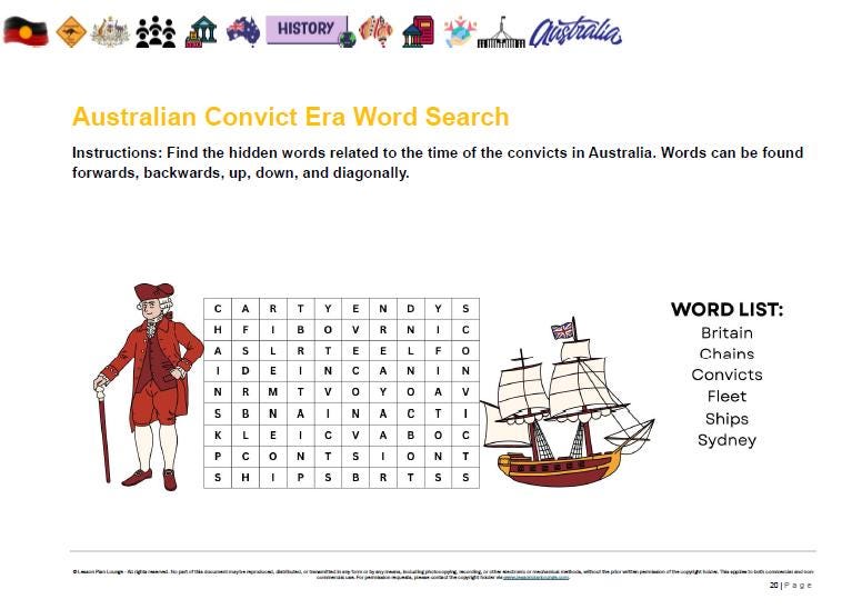 Australian Convict Era Word Search worksheet with a convict and ship illustration.