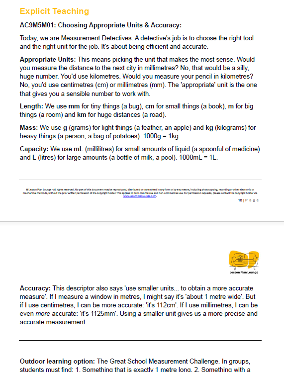 Educational document on measurement units and accuracy with a yellow logo at the bottom.