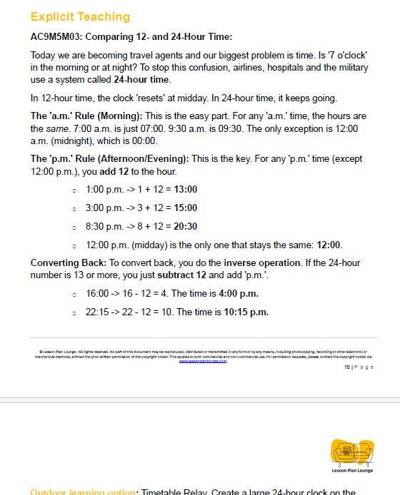 Sheet of paper with text explaining 12-hour and 24-hour time conversion rules.