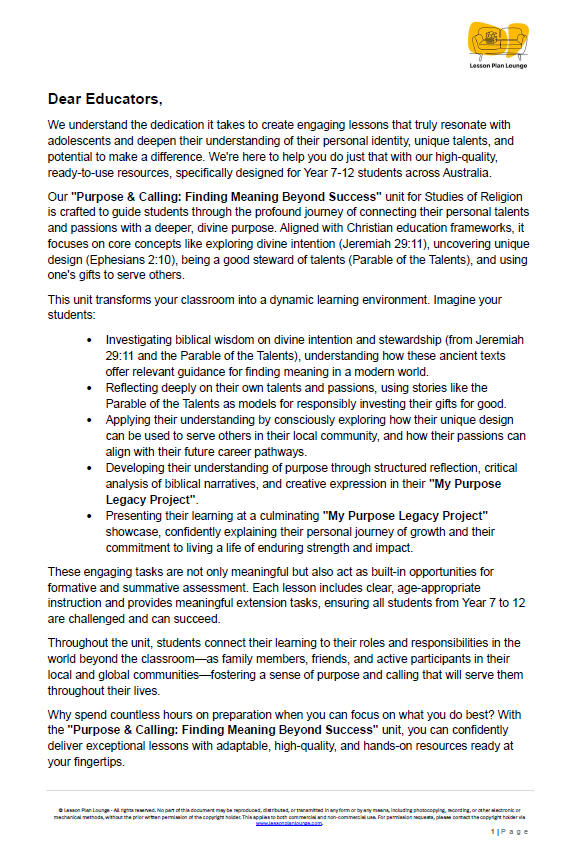 Studies of Religion - Purpose & Calling: Finding Meaning Beyond Success (Year 7-12)