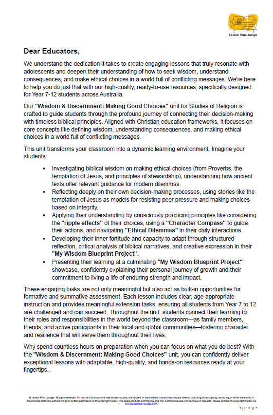 Studies of Religion - Wisdom & Discernment: Making Good Choices (Year 7-12)