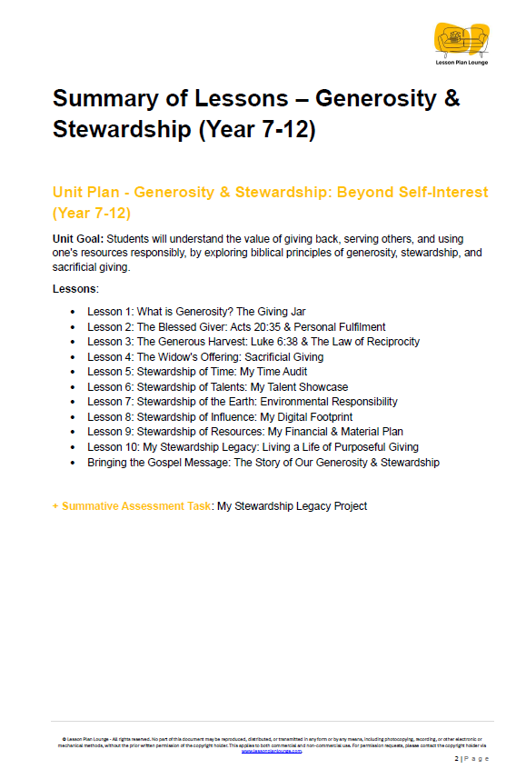 Studies of Religion - Generosity & Stewardship: Beyond Self - Interest (Year 7-12)