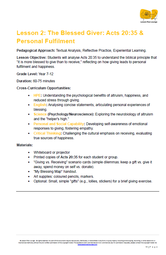 Studies of Religion - Generosity & Stewardship: Beyond Self - Interest (Year 7-12)