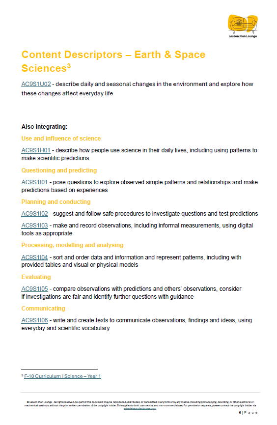 Science - Earth & Space Sciences: 10 Lesson Plans + Summative Assessment Task + FREE Student Worksheets (Year 1)