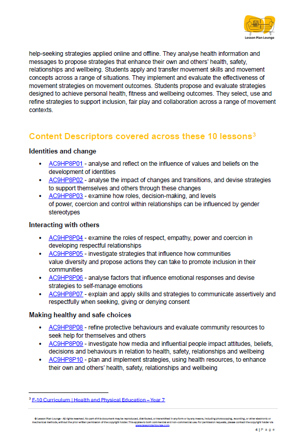 HPE - Personal, social and community health: 10 Lesson Plans + 1 Summative Assessment Task + FREE Student Workbook (Year 7 & 8)