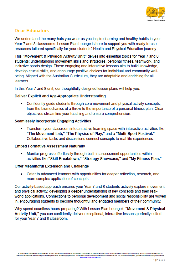 HPE - Movement and physical activity: 10 Lesson Plans + Summative Assessment Task (Year 7 & 8)