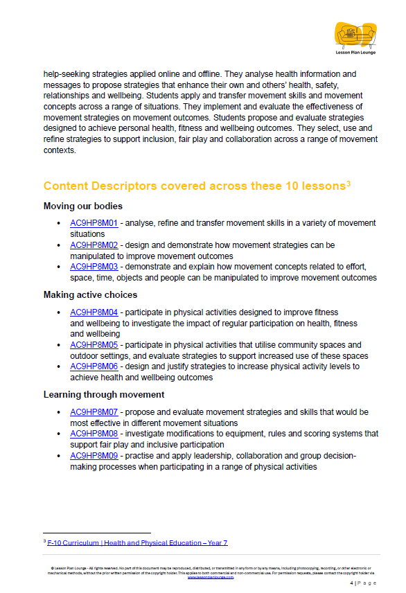 HPE - Movement and physical activity: 10 Lesson Plans + Summative Assessment Task (Year 7 & 8)