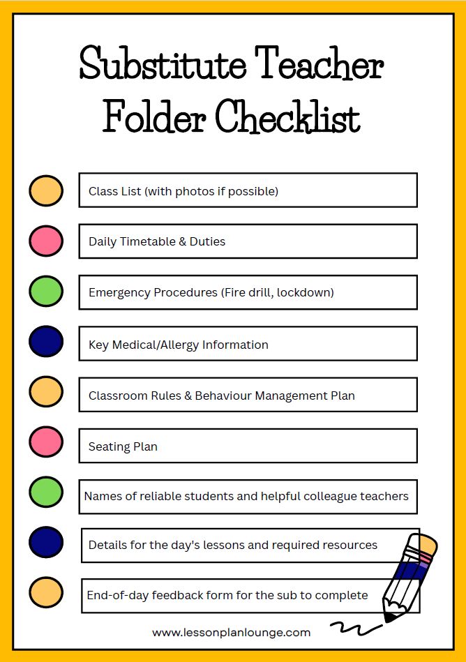 FREE Download - Substitute Teacher Folder Checklist | Relief & CRT Teacher Organiser