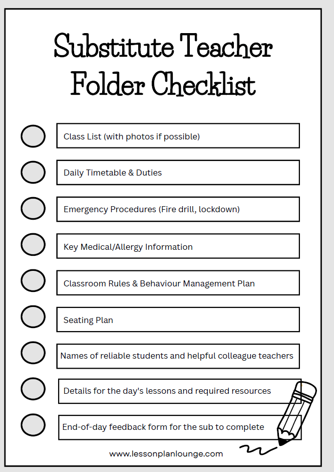 FREE Download - Substitute Teacher Folder Checklist | Relief & CRT Teacher Organiser