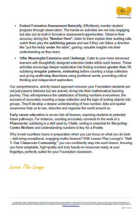 Mathematics - Unit 1: Our Classroom Community - Foundation Year/ Kindergarten/ Prep
