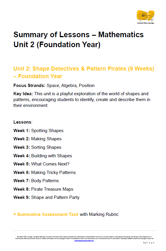 Mathematics - Unit 2: Shape Detectives & Pattern Pirates - Kindergarten/ Foundation Year/ Prep